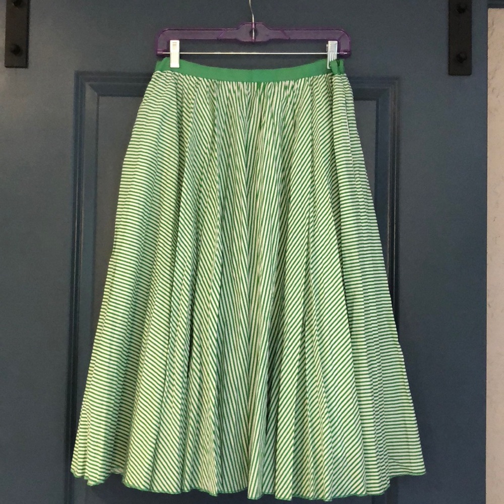 Green & White Striped High Waisted Midi Skirt